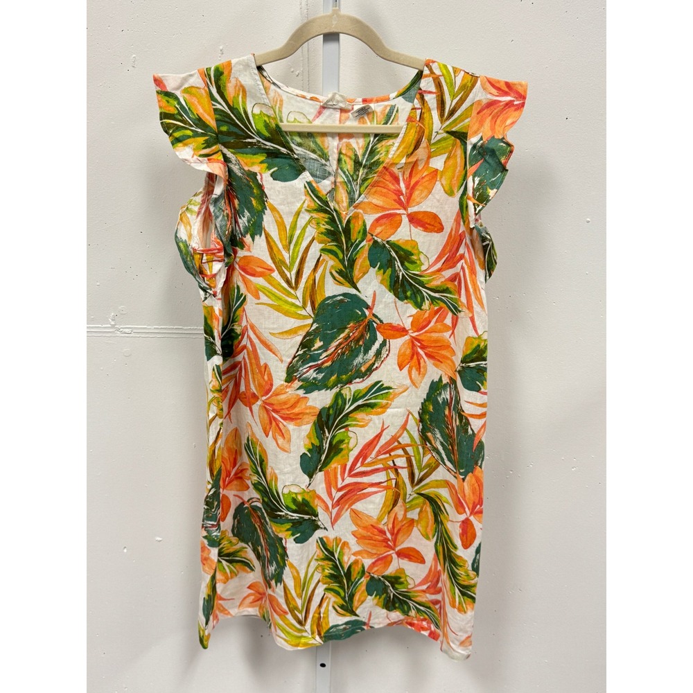Nicole Miller‎ New York Linen Tropical Leaf Flutter Sleeve V-Neck Dress Orange M